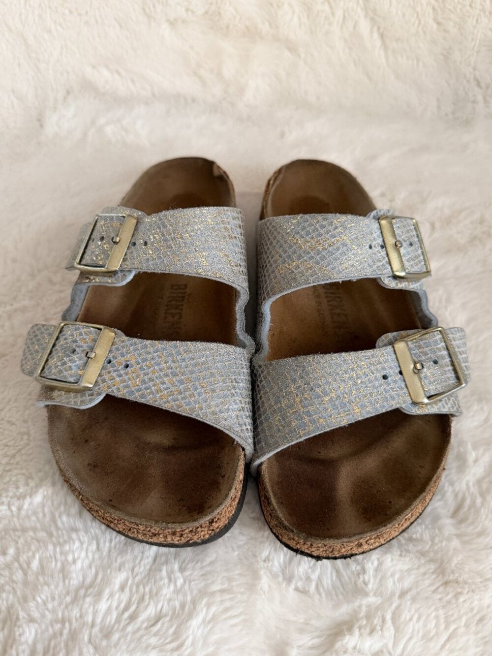 Birkenstock Arizona Shiny Python Two-Strap Dusty Blue Slide Sandal Size: EU36 - Picture 3 of 16
